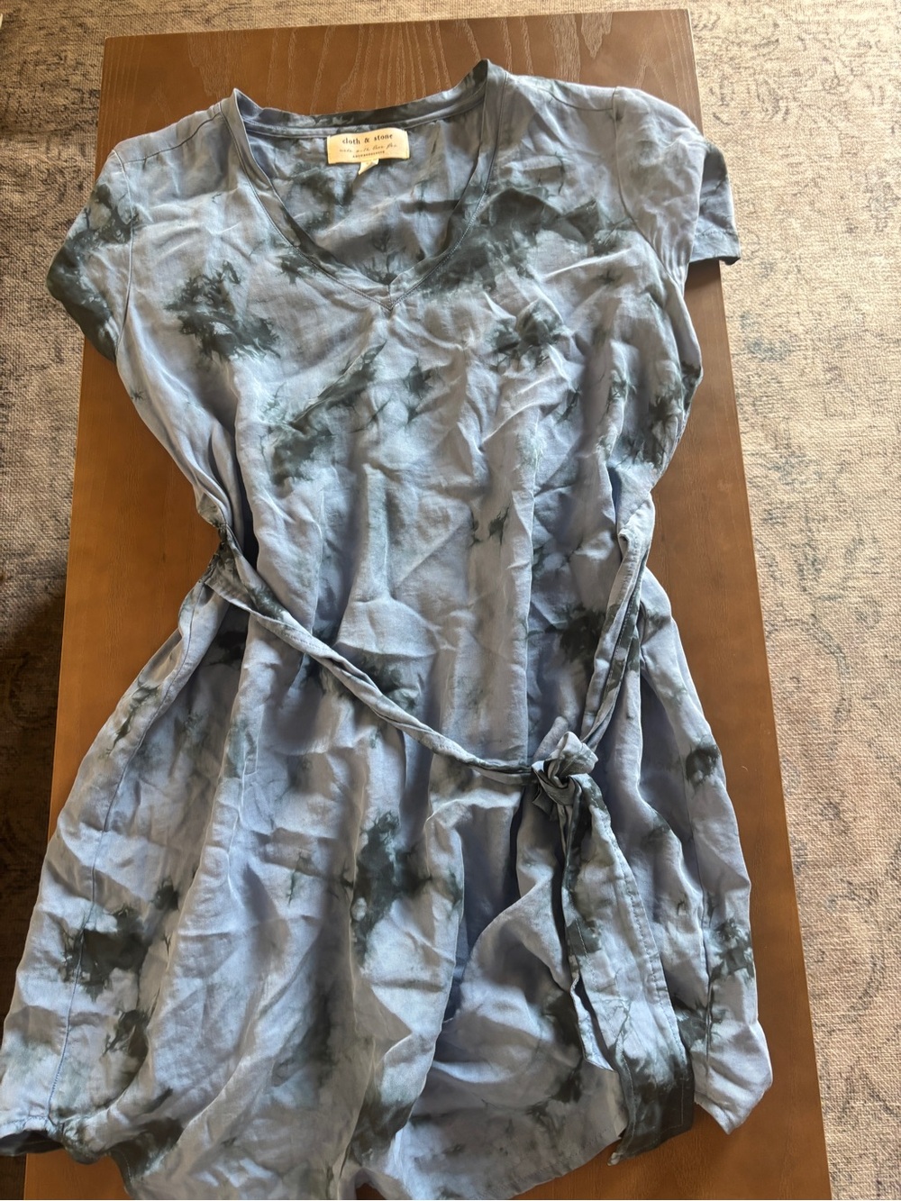 Anthro Cloth and stone slub tie-dye V-neck Dress with Waist Tie - Blue
